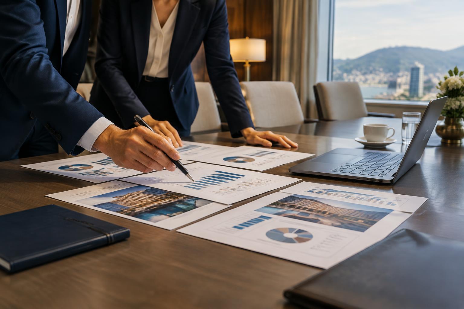 Hospitality executives reviewing financial performance reports