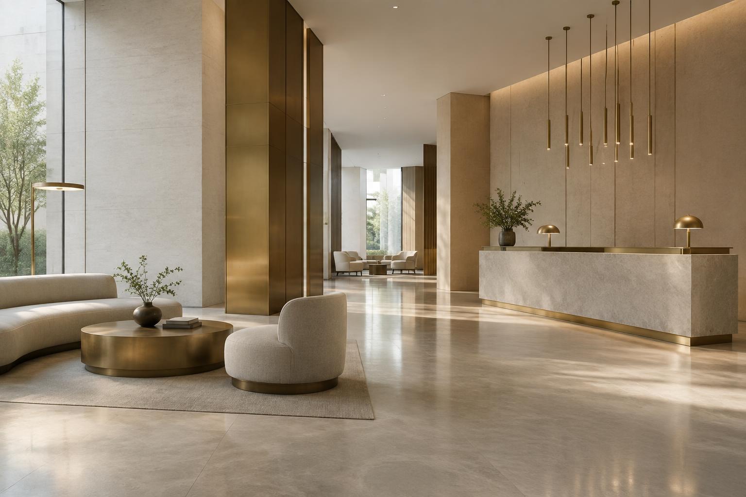 Contemporary hotel lobby with stone and brass details